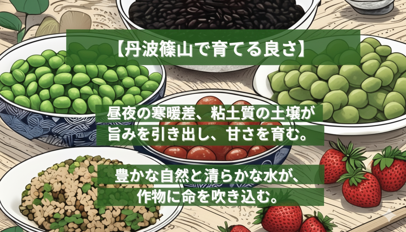 【丹波篠山で育てる良さ】


昼夜の寒暖差、粘土質の土壌が
旨みを引き出し、甘さを育む。

豊かな自然と清らかな水が、
作物に命を吹き込む。

